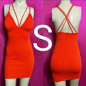 🆕Bright Red Orange Cami Strap Detail Mini Bodycon Dress  Size S